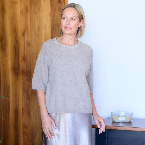 DREAMS DIAMANTE NECKLACE SHORT SLEEVE KNIT MINK