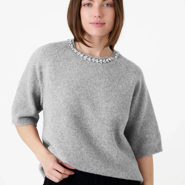 DREAMS DIAMANTE NECKLACE SHORT SLEEVE KNIT SILVER