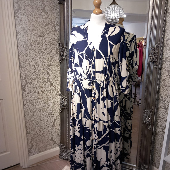 PARADISE NAVY & CREAM ABSTRACT FLORAL DRESS