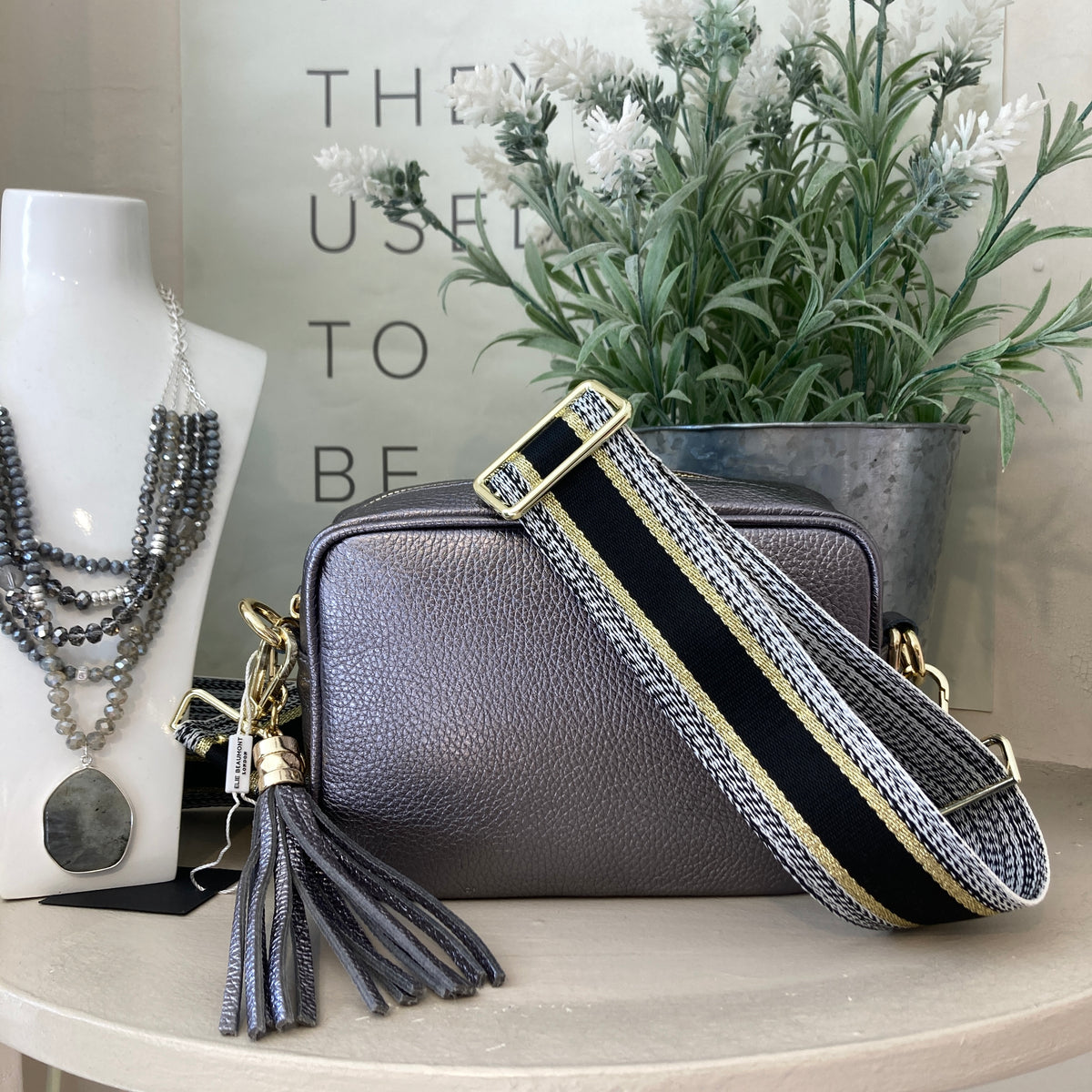 ELIE BEAUMONT PEWTER CROSSBODY WITH METALLIC STRAP 
