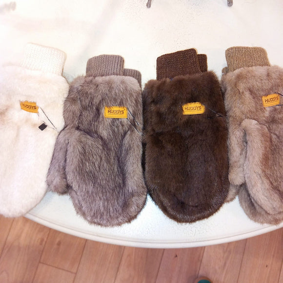 KNITTED CUFF FAUX FUR MITTENS