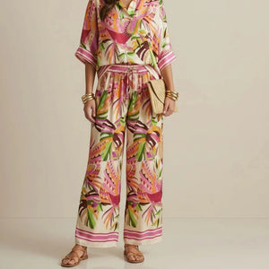 DECK BY DECOLLAGE PALM MULTI PRINT PANTS FUCHSIA