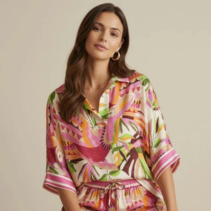 DECK BY DECOLLAGE PALM MULTI PRINT TOP FUCHSIA