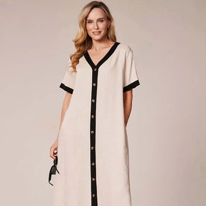 DECK COLOUR BLOCK LINEN BUTTON DRESS