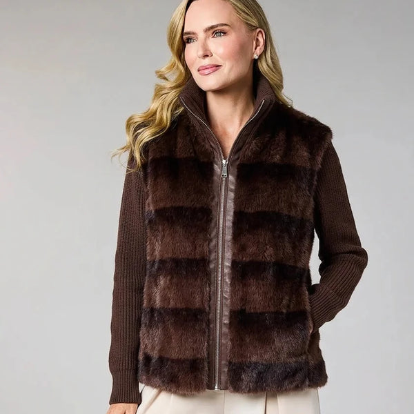 DECK KNITTED SLEEVE FAUX FUR JACKET CHOC