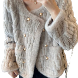 TEXTURED FAUX FUR COAT LIGHT GREY