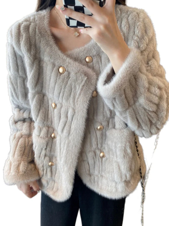 TEXTURED FAUX FUR COAT LIGHT GREY