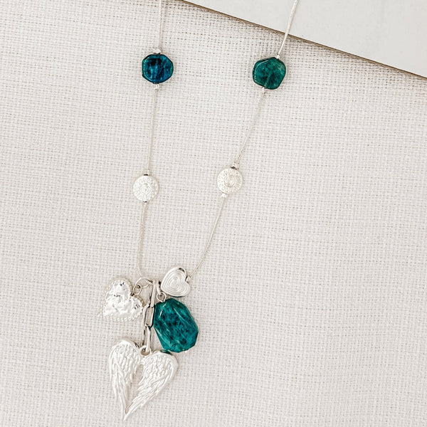 ENVY TEAL BEAD HEART WINGS NECKLACE
