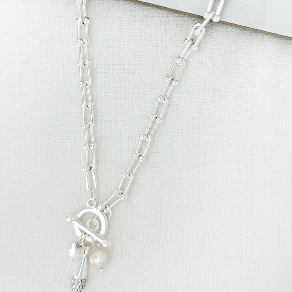 ENVY SILVER LINK PEARL T-BAR SHORT NECKLACE