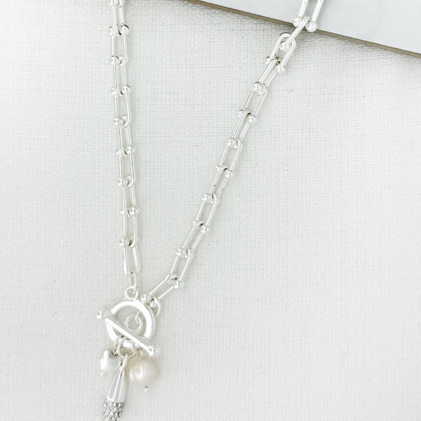 ENVY SILVER LINK PEARL T-BAR SHORT NECKLACE