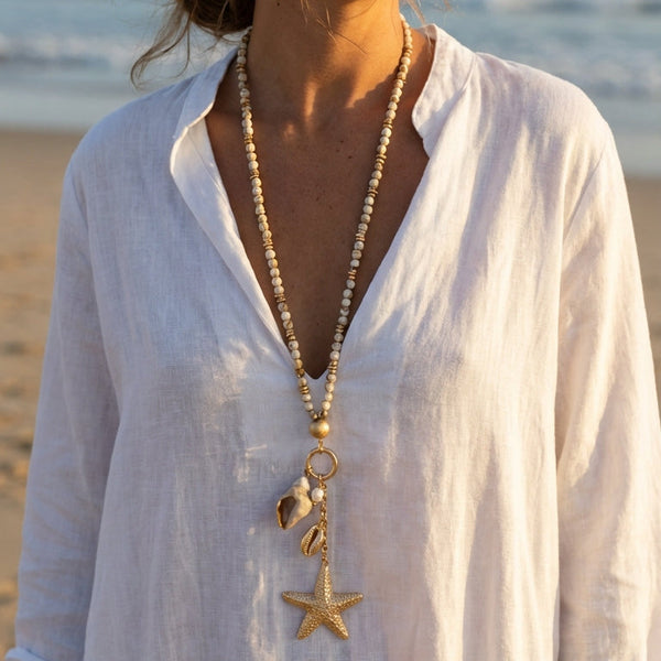 ENVY TAUPE BEAD SHELL & STARFISH NECKLACE
