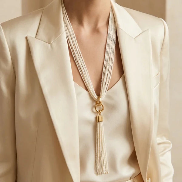 ENVY WHITE BEAD TASSEL NECKLACE