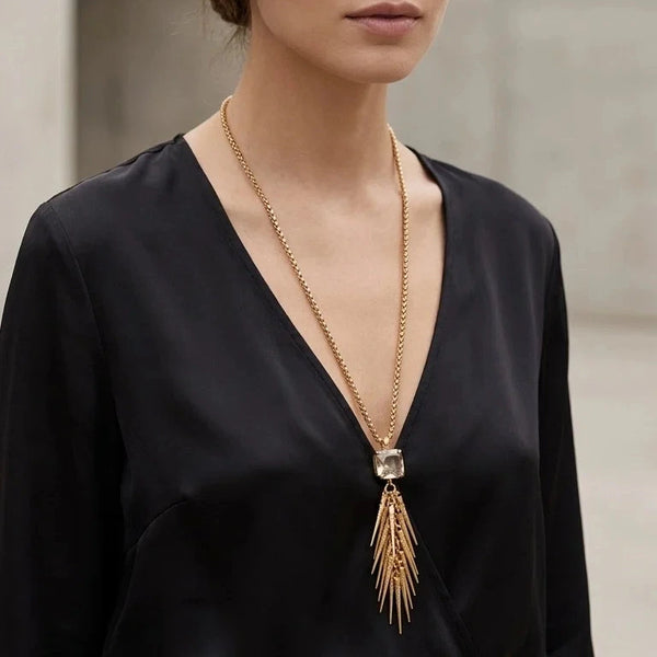 ENVY GOLD CRYSTAL STONE TASSEL NECKLACE