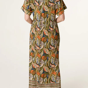 BUTTON FRONT GREEN LEAF PRINT DRESS