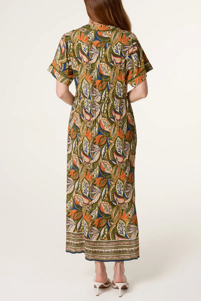 BUTTON FRONT GREEN LEAF PRINT DRESS