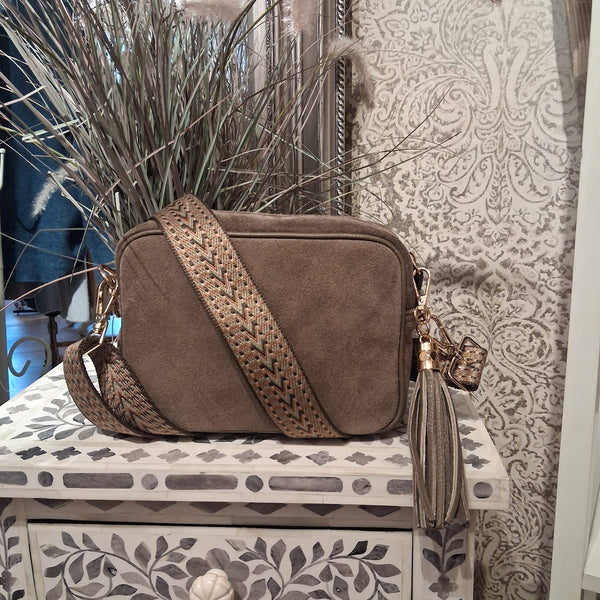ELIE BEAUMONT MINK SUEDE BAG WITH CHOC WEAVE STRAP