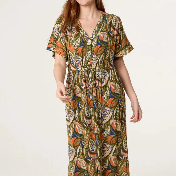 BUTTON FRONT GREEN LEAF PRINT DRESS