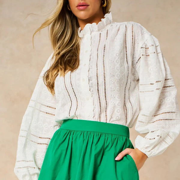 WHITE BRODERIE ANGLAIS SCALLOP LACE SHIRT