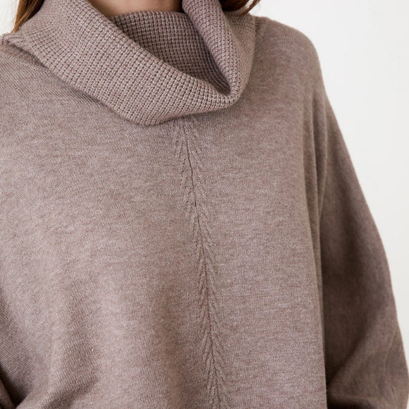 Close-up of a person wearing a brown knit sweater on a white background