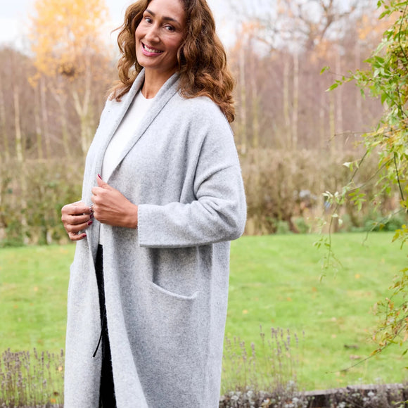 DREAMS SOFT TWEED ROLL COLLAR CARDIGAN IN SILVER GREY