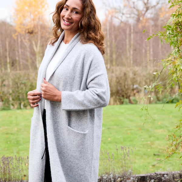 DREAMS SOFT TWEED ROLL COLLAR CARDIGAN IN SILVER GREY