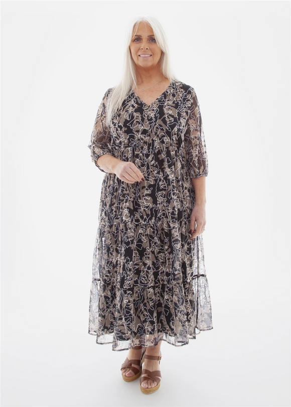 DREAMS SHADOW FLORAL DRESS IN BLACK/STONE