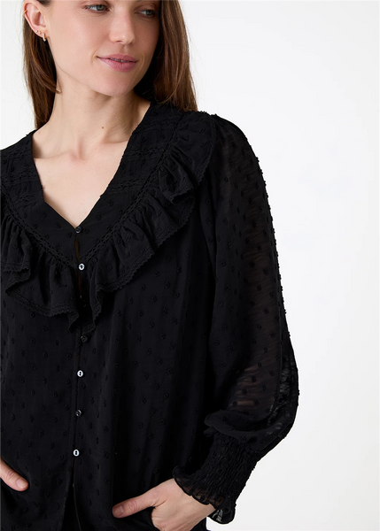DREAMS CHIFFON DOBBY FRILL BLOUSE IN BLACK