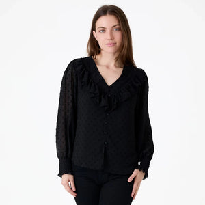 DREAMS CHIFFON DOBBY FRILL BLOUSE IN BLACK