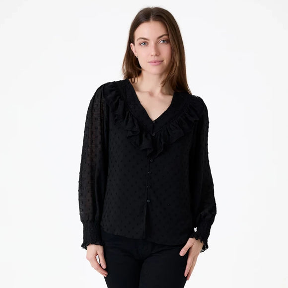 DREAMS CHIFFON DOBBY FRILL BLOUSE IN BLACK