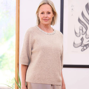 DREAMS DIAMANTE NECKLACE SHORT SLEEVE KNIT OATMEAL