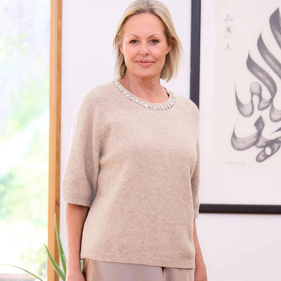 DREAMS DIAMANTE NECKLACE SHORT SLEEVE KNIT OATMEAL