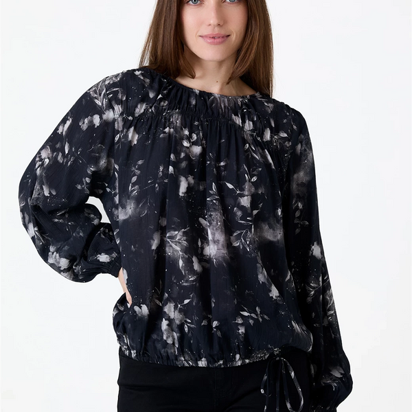 DREAMS FLORAL FOLIAGE DRAWSTRING BLOUSE