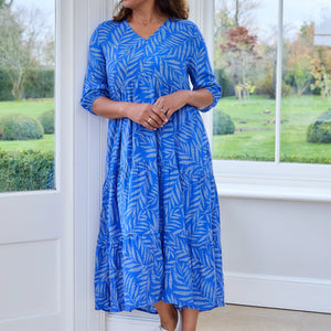 DREAMS DOTTY LEAF TIERED DRESS ROYAL