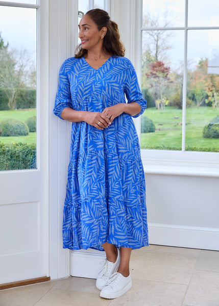 DREAMS DOTTY LEAF TIERED DRESS ROYAL