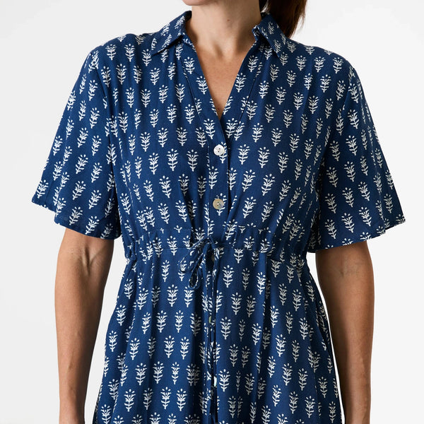 DREAMS BLOCK PRINT TIE DRESS NAVY
