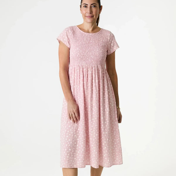 DREAMS SMUDGE SPOT SHIRRED TOP DRESS