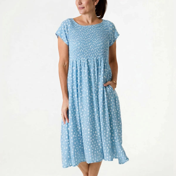 DREAMS SMUDGE SPOT SHIRRED TOP DRESS