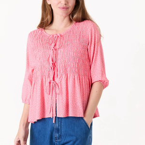 DREAMS SHIRRED MINI LEOPARD BOW BLOUSE