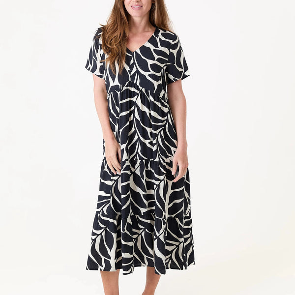DREAMS MEGA LEAF TIERED DRESS IVORY/BLACK