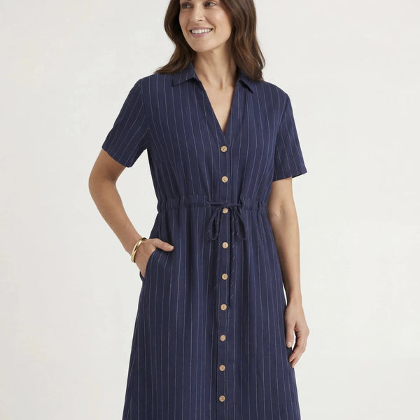 DREAMS PINSTRIPE BUTTON FRONT DRESS NAVY