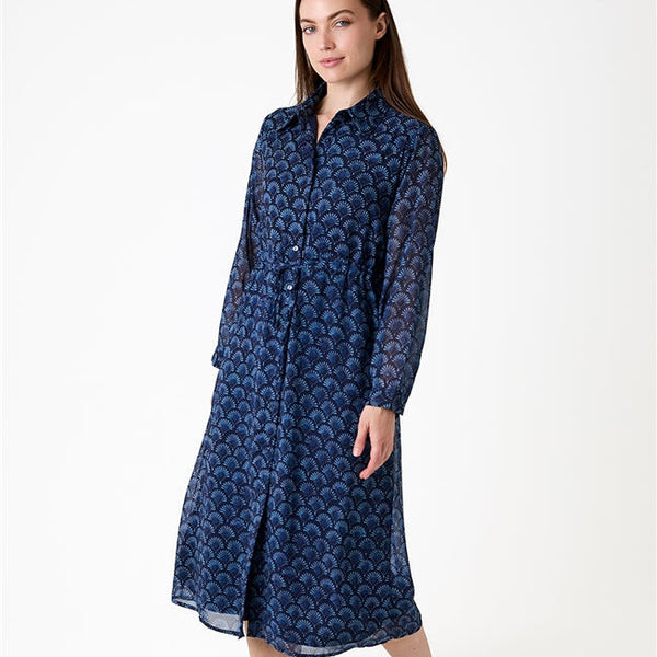 DREAMS FAN PRINT DRAWSTRING WAIST DRESS NAVY