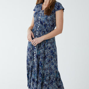 BUTTON FRONT SPECKLED PRINT DRESS IN NAVY