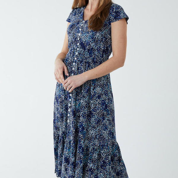 BUTTON FRONT SPECKLED PRINT DRESS IN NAVY