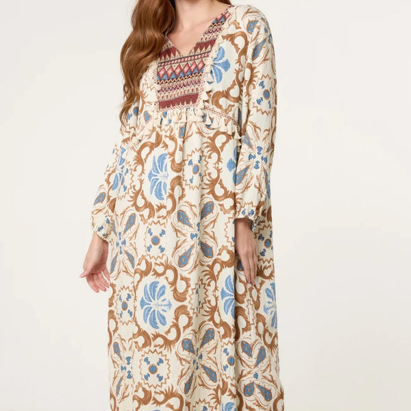 TRIBAL DAMASK TUNIC DRESS BLUE & TAUPE