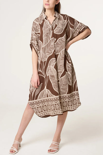 LEAF BORDER PRINT KAFTAN DRESS IN MOCHA