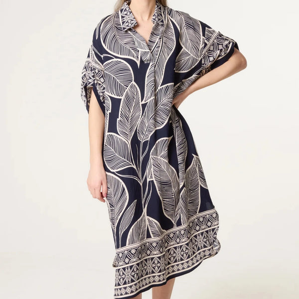 LEAF BORDER PRINT KAFTAN DRESS NAVY / STONE