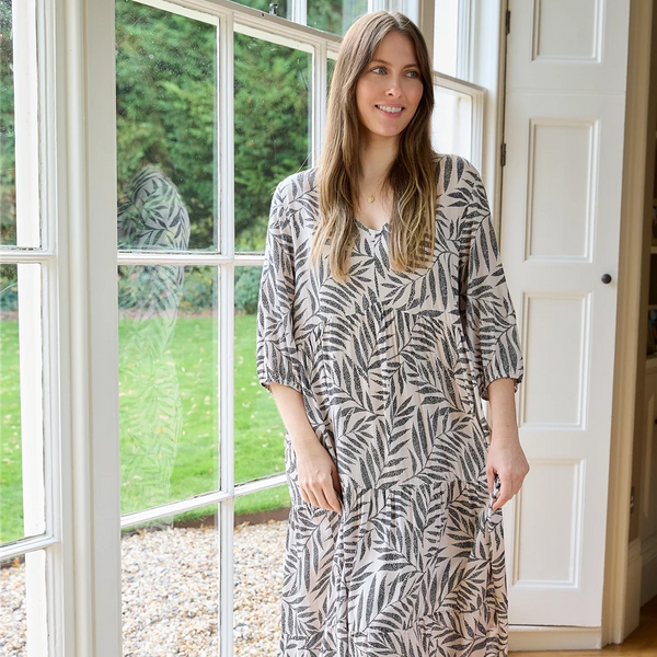 DREAMS DOTTY LEAF TIERED DRESS IVORY/BLACK