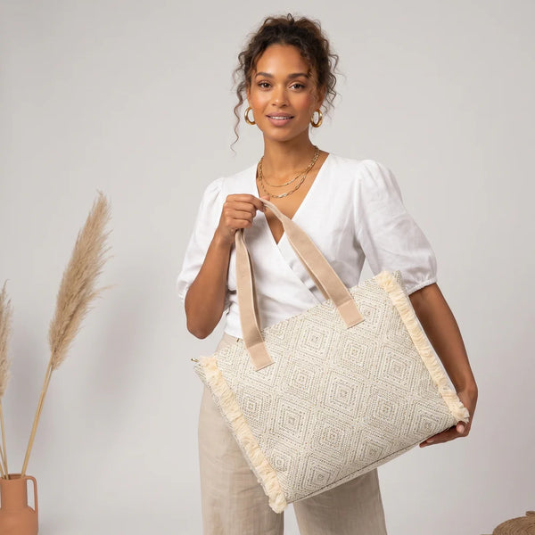 ELIE BEAUMONT JACQUARD WEAVE TOTE BAG BLUE