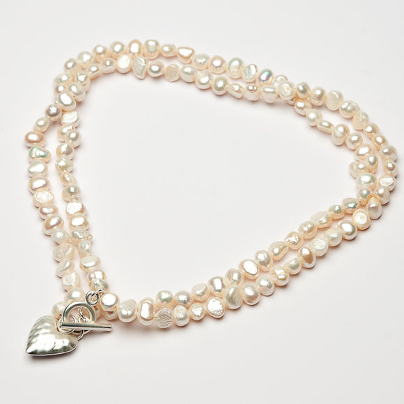 FRESH WATER CREAM PEARL TWIN STRAND HEART NECKLACE