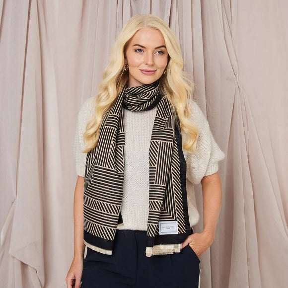 ELIE BEAUMONT PRINTED SCARF BLACK & SAND GEOMETRIC